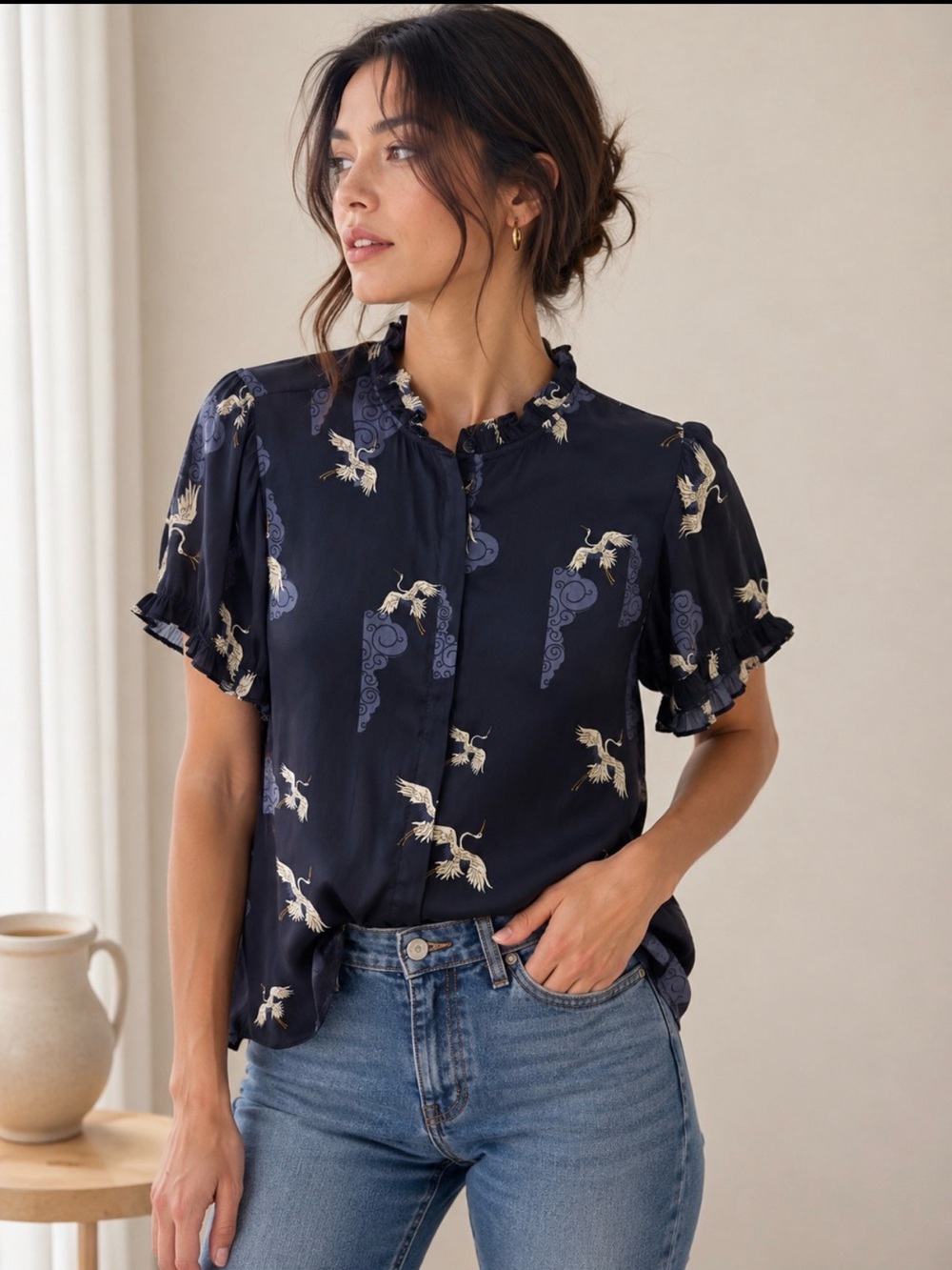 Tahari SP black satin crane ruffle detail short sleeve blouse Japanese workwear